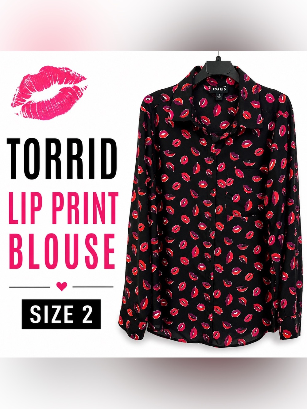 💋 Torrid Size 2-2X Black Lips Print Button Front Blouse Kiss Print Top
